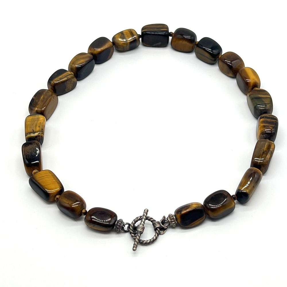 Vintage Tiger's Eye Necklace Marked SX 925 Sterling Silver Gemstone Toggle Clasp - Picture 7 of 16